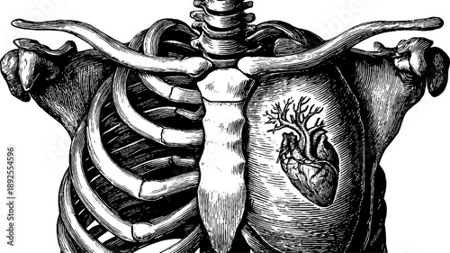 Vintage human rib cage anatomy with botanical heart engraving for educational design
