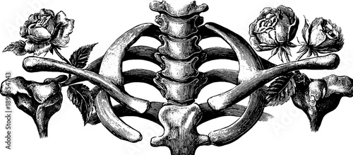 Anatomical shoulder girdle with botanical elements - vintage engraving design for educational or decorative use