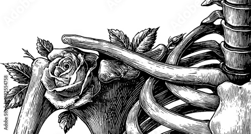 Vintage botanical engraving of human shoulder girdle with rose detail for artistic medical design