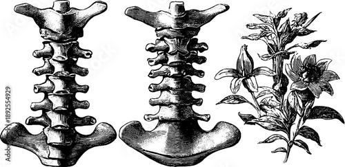 Vintage anatomical illustration of human spine and botanical elements for educational design