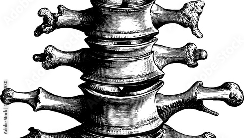 Anatomical illustration of human spine and cervical vertebrae in vintage style