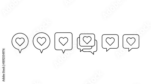 Set of six different black and white line art icons representing social media likes or favorite notifications with a heart symbol inside speech bubbles and message boxes