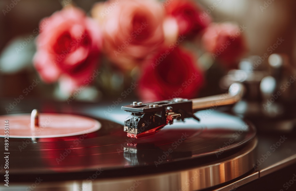 Obraz premium Record player needle on vinyl with roses in background