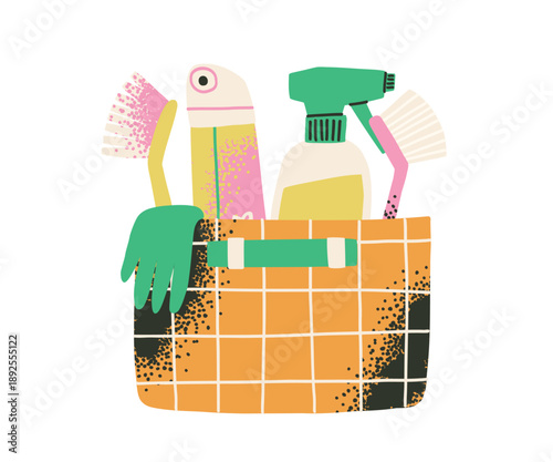 The cleaning kit, organized in a basket, includes brushes and detergent, as well as an air freshener. Cleaning the house, maintaining cleanliness.