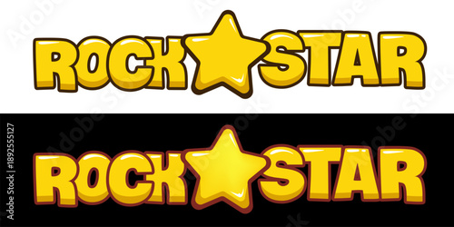 Rockstar cartoon label with golden star on white and black background, comic style 3D text sticker for gaming and music design vector