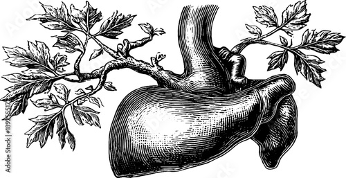 Detailed 19th century vintage engraving of human stomach anatomy with botanical elements