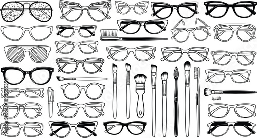 Black and white of various glasses and paintbrushes eyeglasses sunglasses