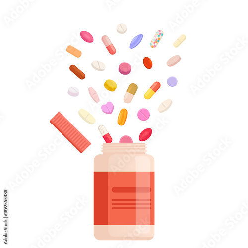 Flat vector illustration of beauty supplements and vitamins for skin, hair and nails, colorful dietary pills and nutraceutical capsules from bottle, isolated healthcare nutrition and wellness icon set