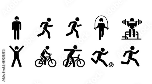Set of fitness and sport activity icons standing, running, jumping rope, weightlifting, cycling, kicking ball, exercise stick figures for health and workout concepts