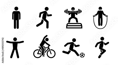 Set of eight black silhouette icons representing various physical fitness activities and exercises for sports and health concepts