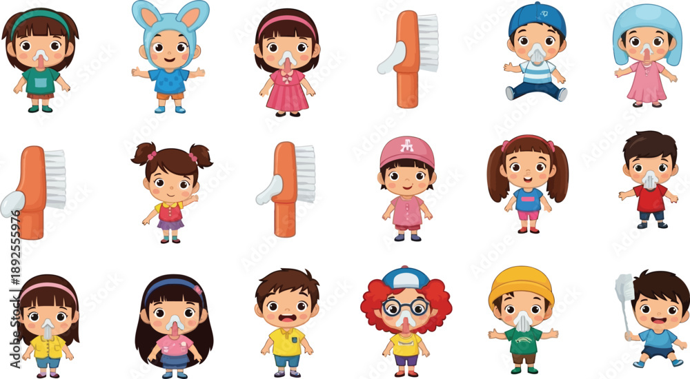 Obraz premium Cartoon children brushing teeth with toothbrushes and toothpaste kids