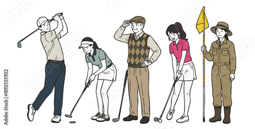 ゴルフを楽しむ男女とシニア・キャディの全身イラストセット