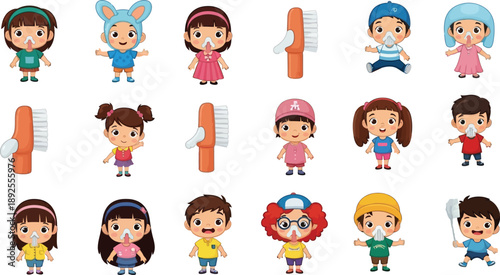 Cartoon children brushing teeth with toothbrushes and toothpaste kids