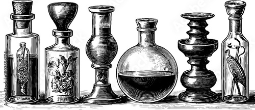 Vintage botanical laboratory glassware collection illustration for design and decor