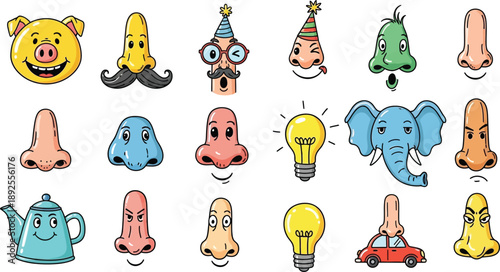 Cartoon noses and faces with various expressions and