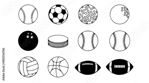 Set of 12 different sports balls and equipment icons, including tennis ball, soccer ball, golf ball, bowling ball, hockey puck, baseball, volleyball, basketball, and football, black and white outline 