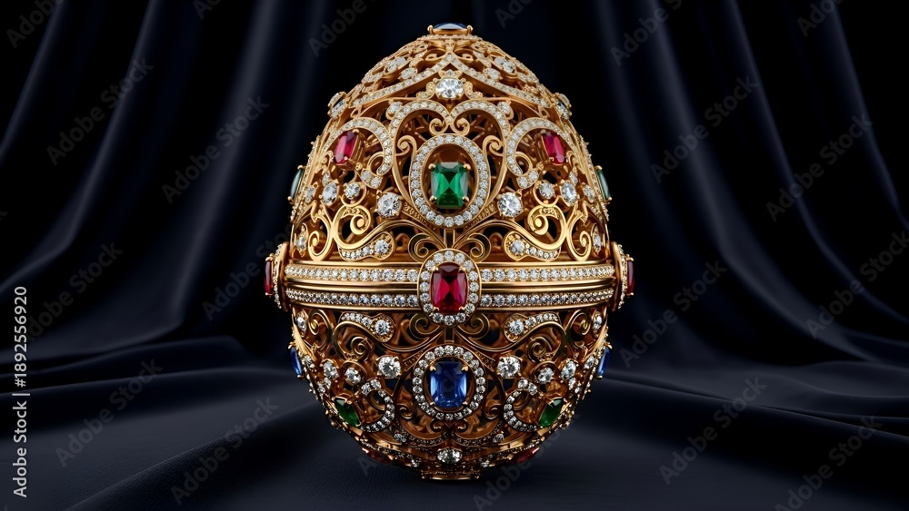 Fototapeta premium Ornate jeweled egg with intricate gold design on dark fabric