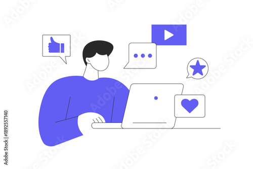 Social media. Man creates content, posts, communicates with followers, collects likes and promotes. Flat Cartoon Vector Illustration, icon Stylish abstract design landing page web