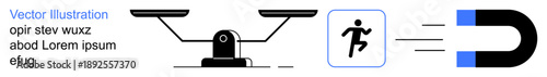 Decision-making, attraction, motivation, opportunity, weighing options, outcome potential. Balanced scale, running figure magnetic pull. Decision-making and attraction visually