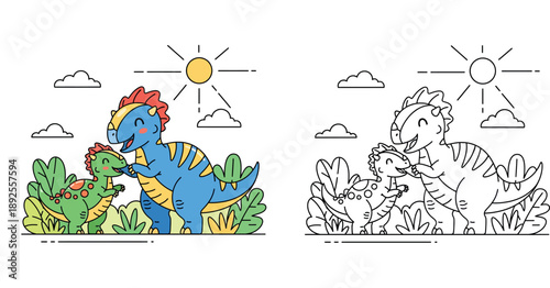 Cute dinosaur family vector illustration. Happy parent and baby dino character standing in sunny nature landscape with plants. Adorable prehistoric animals for kids design.