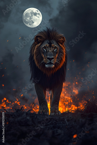 Powerful cinematic image of a lion standing amid flames under a full moon, symbolizing strength, survival, and dominance.