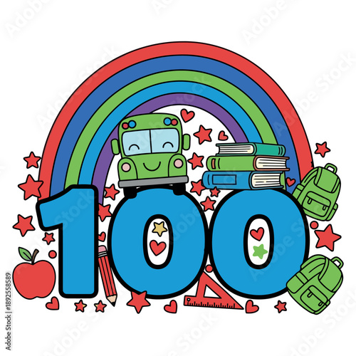 Wallpaper Mural Celebrating 100 days of school with a cheerful bus, books, and colorful rainbow Torontodigital.ca