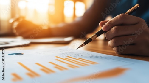 A hand holds a pen above a document featuring orange bar charts and graphs, while a blurred figure writes in the background under warm, filtering light.