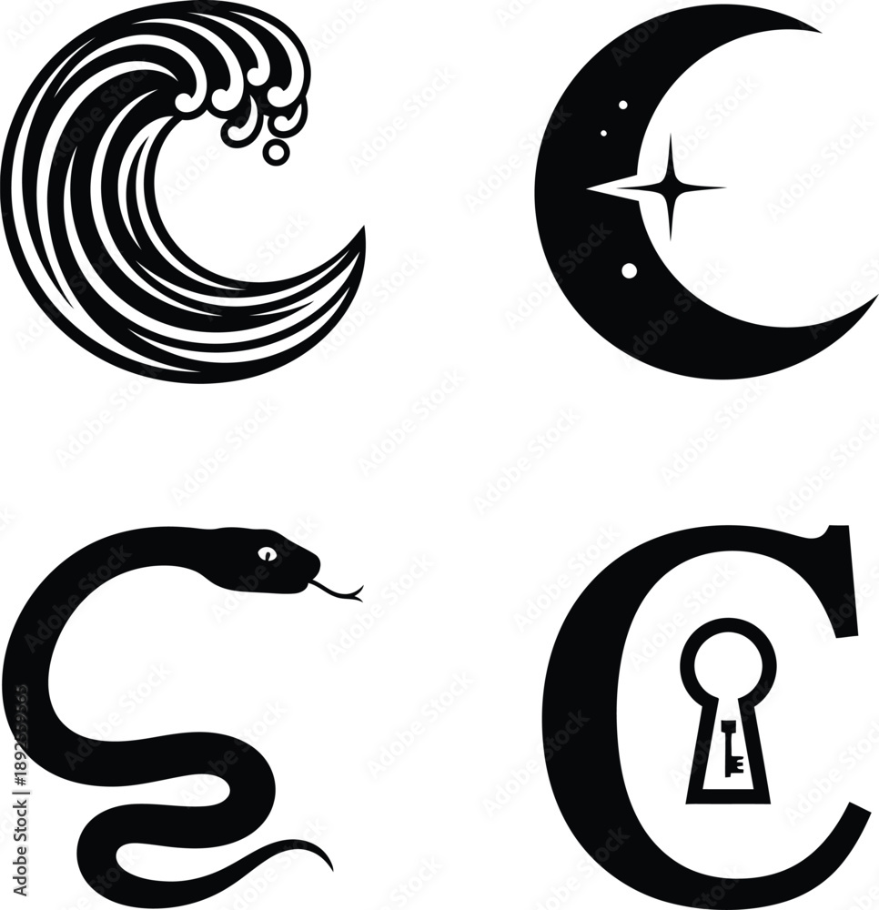 Obraz premium Minimalist Black and White Vector Icon Set Featuring Ocean Wave, Celestial Moon, Snake, and Keyhole Letter C Silhouette.