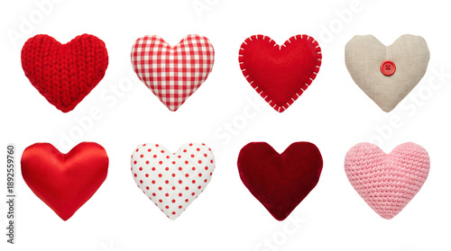 Fabric heart set including knitted, gingham, stitched, buttoned, satin, and polka dot styles. Handmade valentine and wedding craft collection.