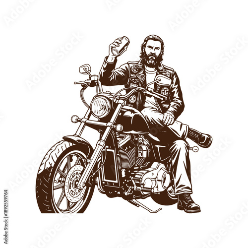 Biker sitting on motorcycle with beer bottle