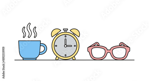 Essential morning objects: hot coffee, vintage alarm clock,