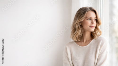 Beautiful young woman with soft smile looking out the window, wearing light sweater, in bright room with minimal background