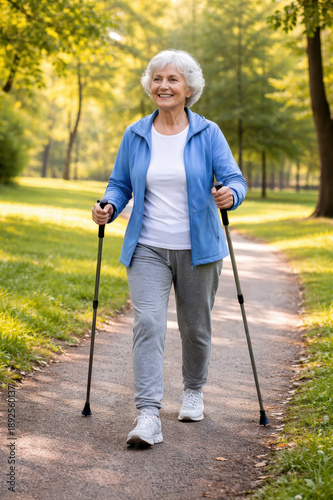 Smiling senior woman enjoying Nordic walking in the park on a sunny day, promoting healthy lifestyle and active aging