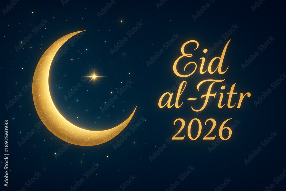 Naklejka premium A digital illustration of a crescent moon and star on a dark blue background with Eid al-Fitr 2026 text