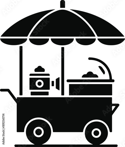 black, silhouette, icon, of, a, mobile, street, food, cart, with, large, umbrella, for, ice, cream, or, snacks, vending, designs