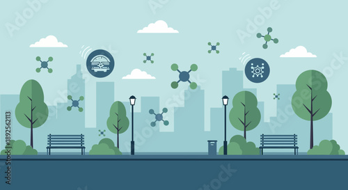 City Park with Drones and Smart Technology Integration.