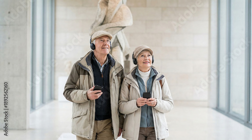 Senior couple using audio guide headphones and smartphones while touring contemporary museum gallery cultural travel technology assisted learning and active retirement leisure