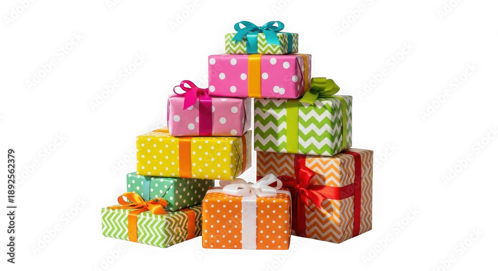 Obraz premium Colorful presents stacked in a pyramid shape isolated on transparent background