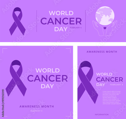 World Cancer Day social media templates with purple awareness ribbon
