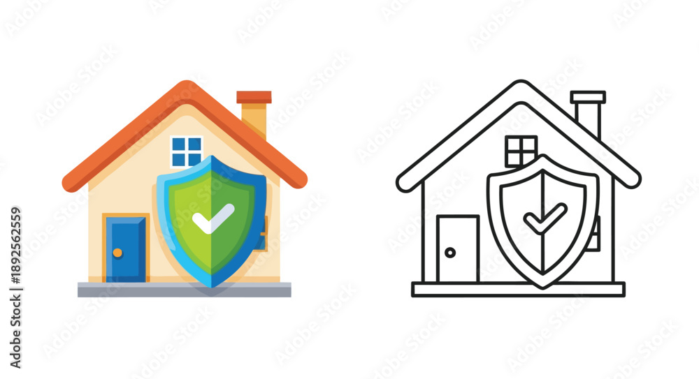 Obraz premium House icons with shield colored and outline versions for security