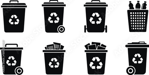 Set of recycling bin icons and trash can silhouettes featuring waste management symbols for plastic paper glass and organic rubbish