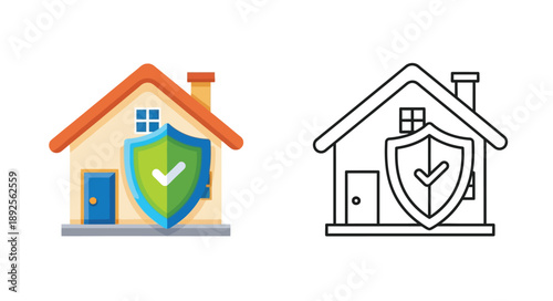 House icons with shield colored and outline versions for security