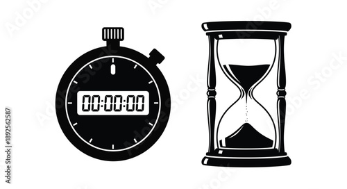 A stopwatch and hourglass illustration representing time and measurement