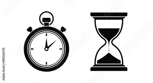 A stopwatch and hourglass depicted in a simple black and white style
