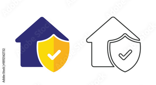 Two house icons with shield symbols one colored and one outlined