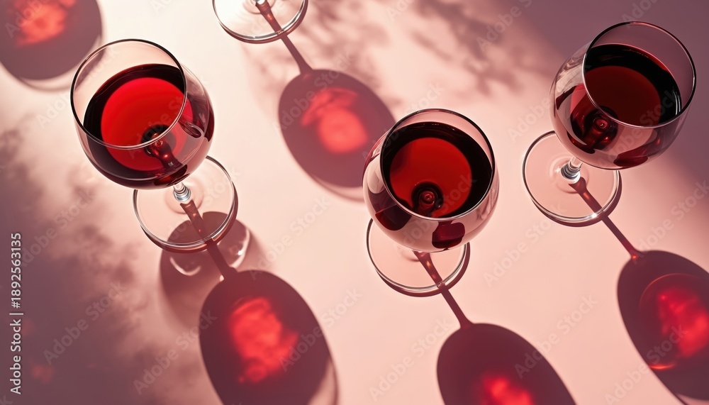 Fototapeta premium Several wine glasses hold red wine. The glasses stand on a light surface, with complex shadows cast from dappled light. The scene feels elegant and sophisticated.