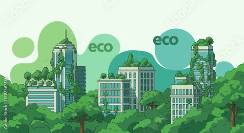 EcoFriendly Cityscape with Green Buildings and Lush Vegetation.