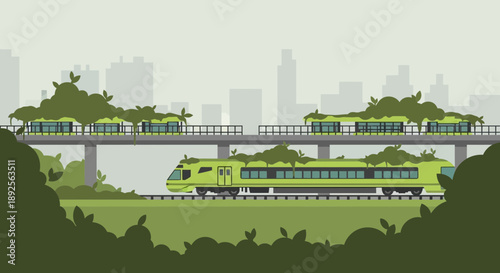 Green Train and Elevated Track with Lush Vegetation in Urban Setting.
