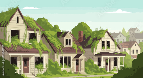 Overgrown Abandoned Houses in a Suburban Neighborhood.