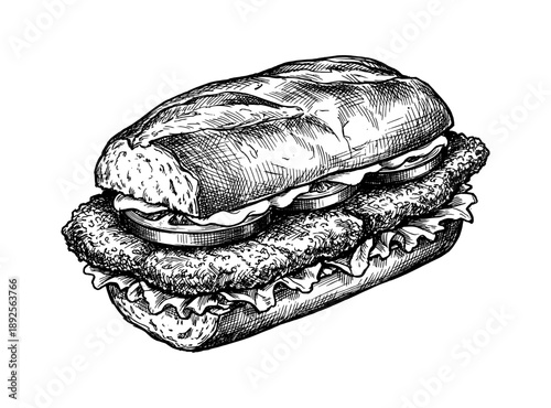 Hand drawn Sandwich Milanesa. Vector vintage engraving sketch of traditional Argentine breaded meat cutlet sub with lettuce and tomato isolated on white background.